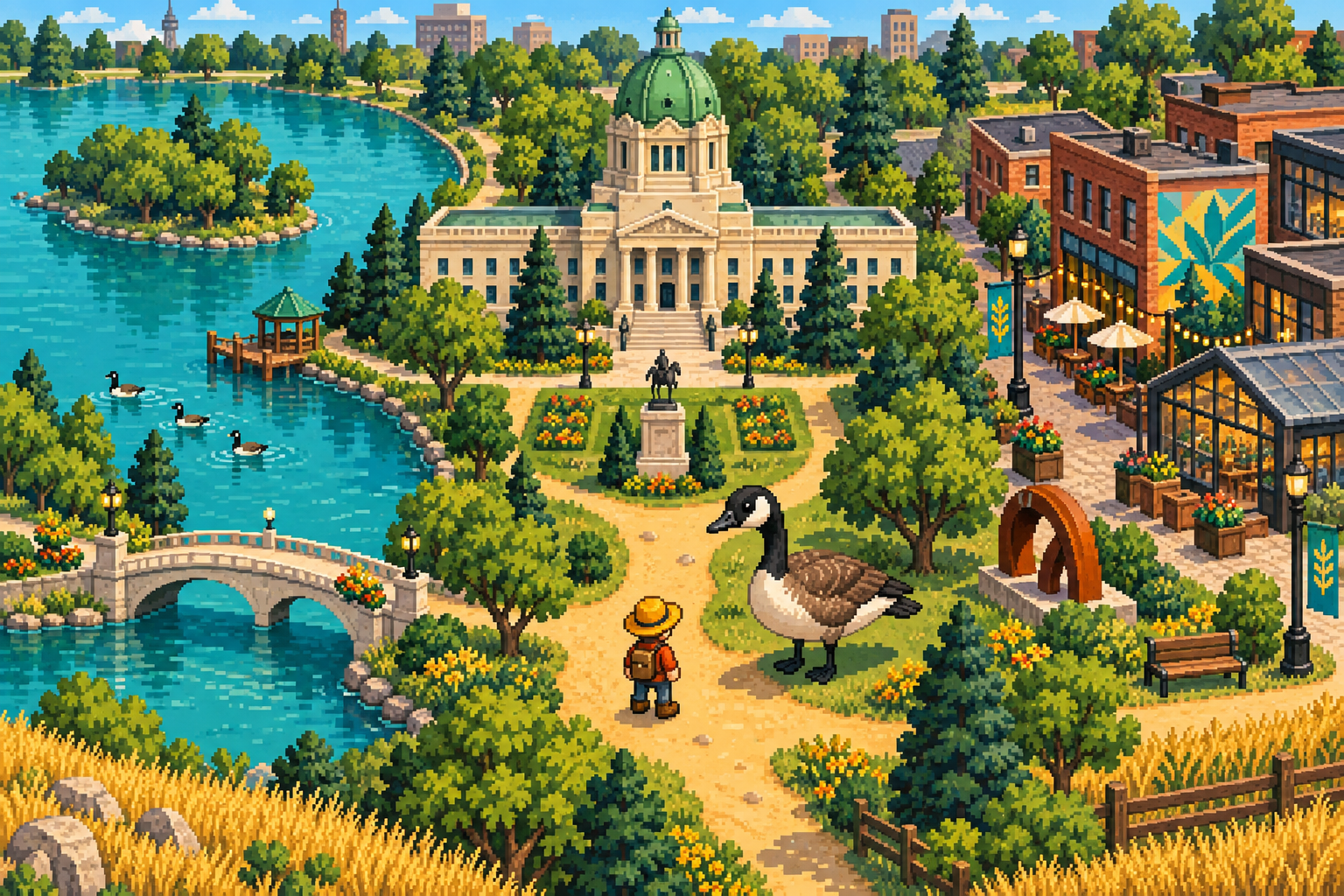 Prairie Quest artwork: a pixel-art Regina town with Wascana Lake, the Legislature, an adventurer and a giant goose